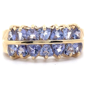lot 42 image: Triangular Natural Tanzanite Double Row Cluster Estate Ring in 14k Yellow Gold VIDEO