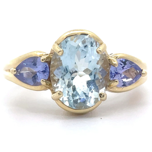 lot 43 image: Estate Natural Aquamarine & Natural Tanzanite Three-Stone Ring in 14k Yellow Gold VIDEO