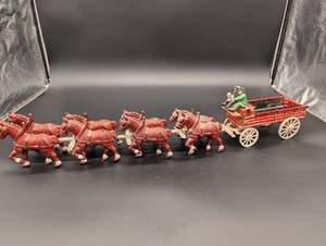 lot 7 image: Vintage Cast Iron Red Horses Team with Wagon Toy Set (Lot of 6)