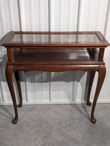 lot 42 image: Wood Console Table With Glass-Top Display Case - Lift-Top Compartment, Cabriole Legs