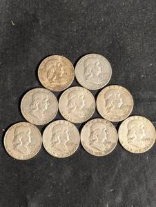 lot 56 image: Franklin Half Dollars 90% Silver. Lot Of 9
