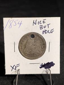 lot 80 image: 1854 United States Seated Liberty Quarter Dollar - Holed, XF