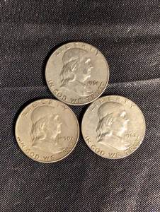 lot 96 image: Lot Of 3 Franklin Halves 90% Silver