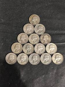 lot 98 image: Lot Of 15 90% Silver Washington Quarters.