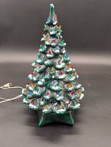 lot 201 image: Ceramic Christmas Tree Lamp - 20 in Tall, Multicolor Bulbs, Snow Accents