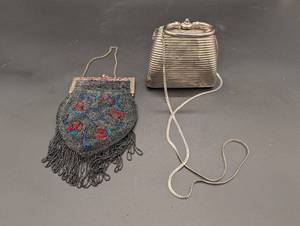 lot 209 image: Two Vintage Beaded Evening Handbags - Black Fringe Bead Bag & Silver Ribbed Clutch