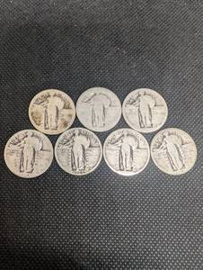 lot 302 image: 7 Standing Liberty Quarters (1920s) - United States Quarter Dollars 90% Silver