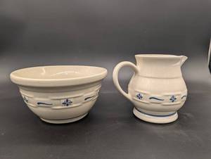 lot 197 image: Blue Floral Pattern Ceramic Creamer & Bowl Set, White Stoneware