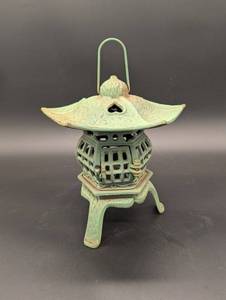 lot 241 image: Japanese Pagoda Lantern - Cast Iron with Green Patina - Outdoor Garden Decor