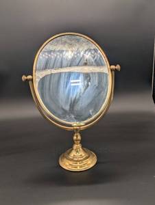 lot 242 image: Brass Oval Vanity Mirror on Adjustable Stand - Tabletop Dressing Mirror, 15 in Tall