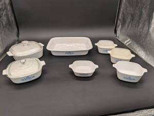 lot 247 image: White Ceramic Bakeware Set with Blue Floral Motif - Lidded & Open Dishes