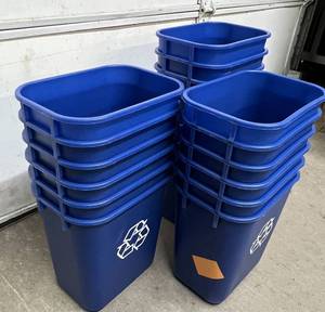 lot 19 image: MSRP $500  18 Desk Recycling Containers, Tough Guy Model 4UAU4, 3-12 Gallon Blue Recycling Bins, Durable Plastic, Made in USA, Office, School &amp Facility Use - Like New Condition