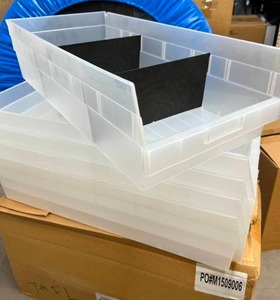 lot 22 image: MSRP $1,800  10 NEW Cases (Each Case Has 6 Bins) Stackable Storage Bins, Quantum Clear Plastic Parts Bins, Heavy-Duty Organization for Warehouse, Shop &amp Industrial Use - Some Cases Include Black Separators This Lot Is X10 For Bidding...