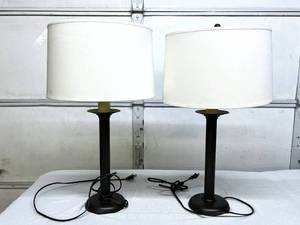 lot 25 image: Pair Of Bronze Tone Heavy Desk Lamps - Excellent Working Condition However Shades Need To Be Replaced 18 Tall With Finials