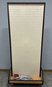 lot 9 image: MSRP $1,100  Hausmann Double-Sided Mobile Pegboard Gondola, Commercial Medical Storage &amp Display Rack, Steel Frame with Wood Base Shelf, Includes Assorted Peg Hooks, Ideal for Clinics PT Facilities Maintenance &amp Stock Rooms