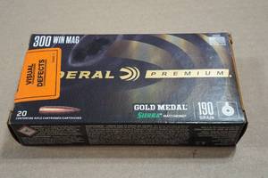 lot 261 image: 20 Federal Premium .300 Win Mag 190 Gr Sierra Gold Medal Matchking Ammo