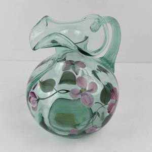 Fenton Handpainted Green Glass Pitcher - Pink Floral Motif
