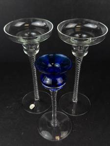 Air-Twist Clear Glass Taper Candle Holders (Pair) & Romanian Hand-Blown Cobalt Blue Candle Holder