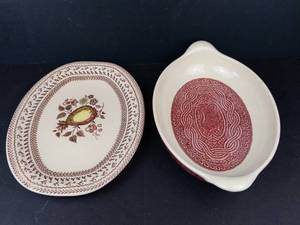 Longaberger Paprika Oval Baking Dish (ACO) & Johnson Bros Fruit Sampler Old Granite Oval Platter