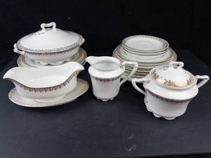 White Porcelain Dinnerware Set with Brown Gold Foliate Border - Tureen, Sugar, Creamer, Plates