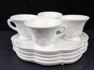 Indiana Glass Harvest Grape Milk Glass Cups & Plates Set - 4 Cups & 4 Plates