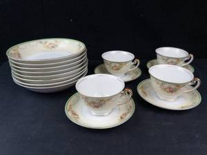 Nippon Hand Painted Teacups & Saucers Floral Border - 4 Cups, 4 Saucers, 8 Bowls