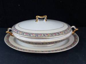 Feldta China Germany Lidded Oval Tureen - Matching Underplate, Gold Handles