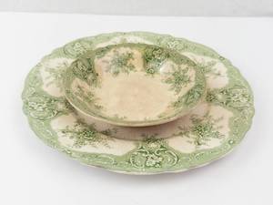 Sandon Royal Premier Semi-Porcelain Green Transfer Plate and Bowl (Lot of 2)