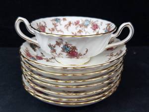 Minton Teacup & 7 Saucers - Floral Pattern, Gold Trim, Bone China
