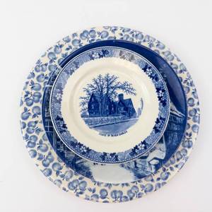 Blue & White Plate Trio Adams Seven Gables Souvenir, Royal Bavaria 1977 Rothenburg, EIT Blue Apple Dinner (Lot of 3)