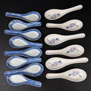 Porcelain Spoons - Blue & White Delft-Style (8) and Floral Purple Flower Spoons (6)