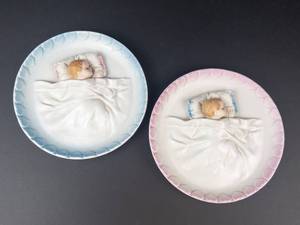 Vintage Japan Porcelain Wall Plates - 3D Baby in Bed Relief, Pink & Blue Borders, 2-Piece Set