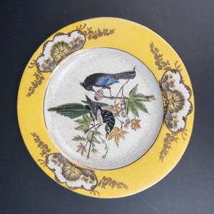 Hua Rong Tang Zhi Porcelain Plate - 10 14 in Yellow Border Bird & Botanical Scene
