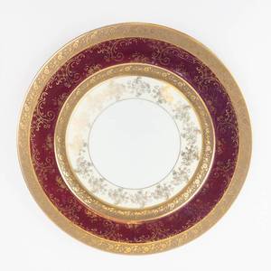 Bohemia Porcelain Plate Made in Czechoslovakia with Gold Filigree on Burgundy Rim