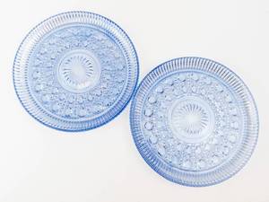 Blue Pressed Glass Plates - Radiating Sunburst Pattern (Lot of 2)