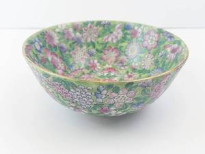 Chinese Porcelain Floral Bowl - Green Ground with Pink, Purple & Blue Flowers