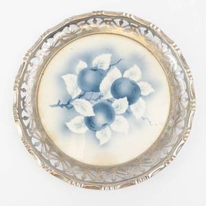 Blue AppleBlueberry Motif Serving Bowl - Vintage 1926 Porcelain Germany, Pierced Rim