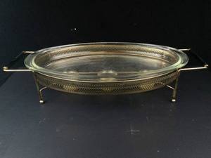 Pyrex Vintage Oval Chafing Dish with Gold-Tone Stand (Candle Warmer) Model 8151233