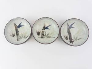 Bamboo Motif Ceramic Bowls - Set of 3, White Glaze & Dark Brown Rim