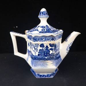 Hexagonal Teapot with Lid - Blue & White Chinoiserie Porcelain