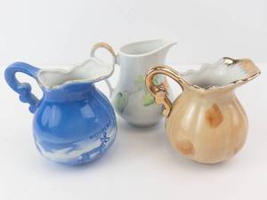 Three Miniature Ceramic Pitchers Set - Blue Scenic, Peach Pattern White, Gold Trim