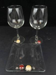 Wine Glass Set - 2 Clear Glasses & Square Snack Plate with Cabochon Accents