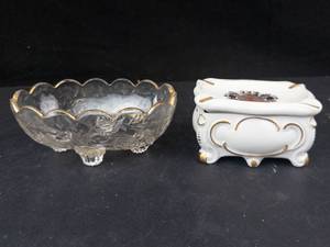 Jeannette Glass Louisa Candy Dish & Wilhelm Kunst Hand-Painted Porcelain Ashtray Box