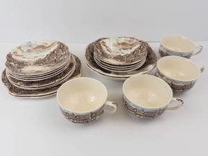 Village Scene Transferware Teacups & Plates Set