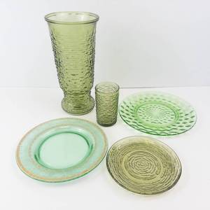 Green Glassware Set and J&G Meakin Royal Staffordshire Avondale Green Transferware Sugar Bowl w Lid