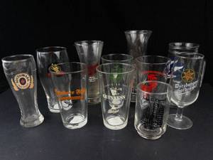 Assorted Beer Glasses With Brewery Logos - Guinness, Bass, Wrzburger Hofbru, Southwark Old Stout