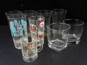 Vintage Glassware Set - A&W Mug, Bubble Up Glass, Highball & Square Tumblers