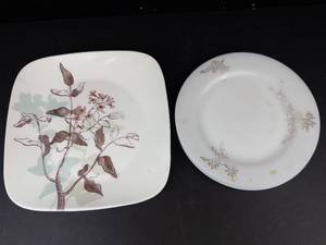 Corelle Twilight Grove Square Plates (2) & Federal Glass Golden Glory Milk Glass Plates (2)