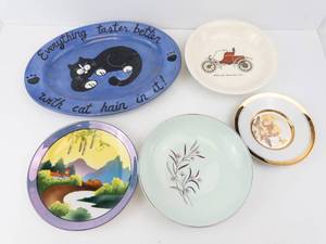 Five Vintage Plates Noritake Mountain, Veasey Oval, Oldsmobile Runabout, Chokin, Strawflower