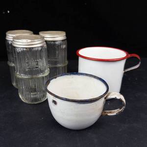 Hoosier Glass Spice Jars (3) - Enamel Mugs (2) Vintage Kitchenware